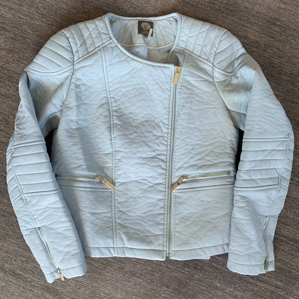 Vince Camuto Faux Leather Light Blue Small Cropped Moto Style Jacket